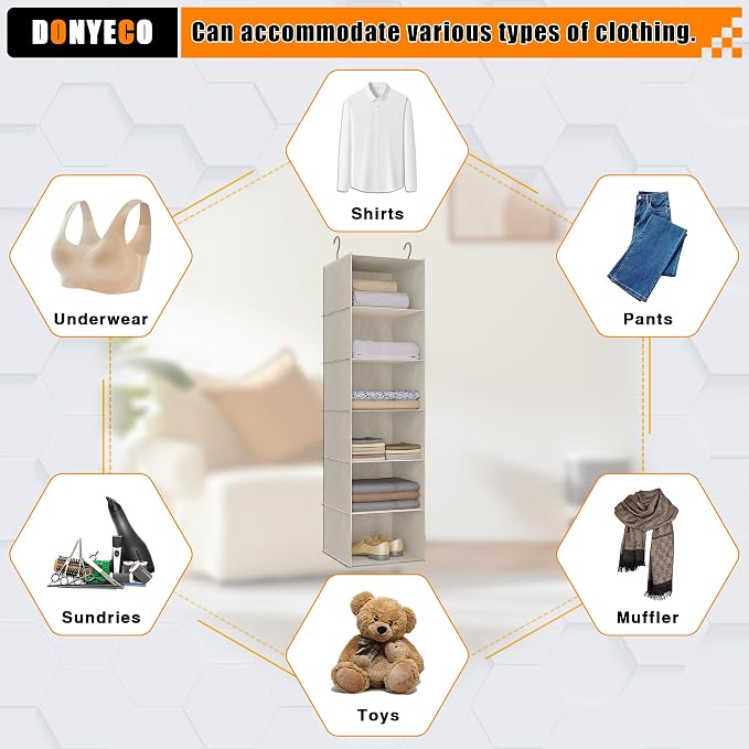 Hanging Closet Organizer 6-Tier, Oxford Wardrobe Storage, Beige Houndstooth | Easy-mount foldable design holds clothes, handbags, shoes & accessories; washable Oxford fabric, sturdy and space-saving. - Image 8