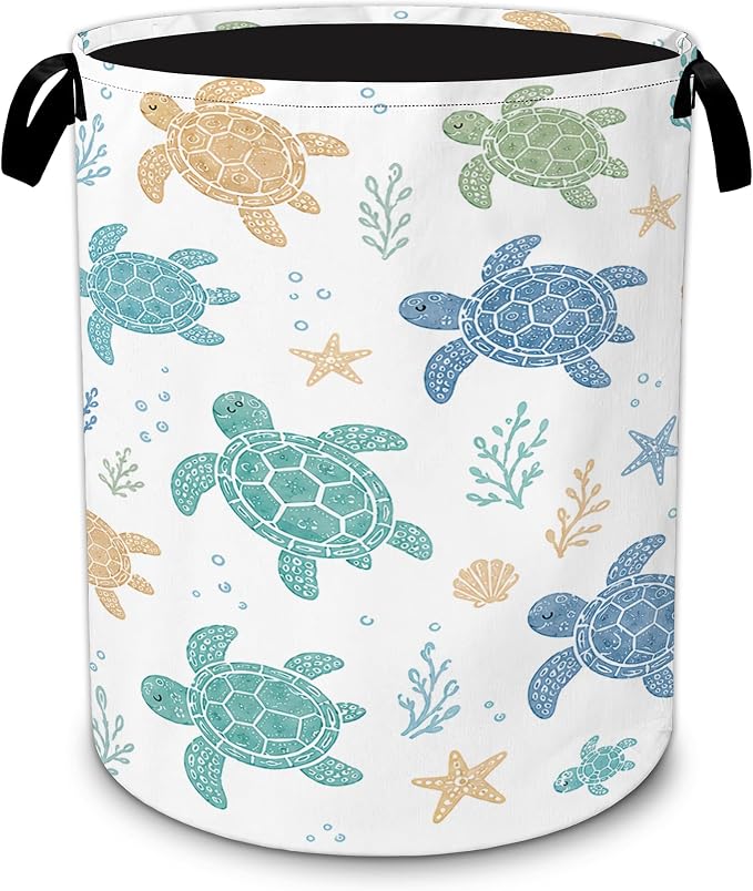 Foldable Laundry Basket with Handles,Watercolor Starfish Oxford Clothes Hamper featuring Cute Sea Turtle, Decorative Portable Storage Basket for Bedroom Bathroom Dorm Laundry Room 20.8x16 Inch by Unknown