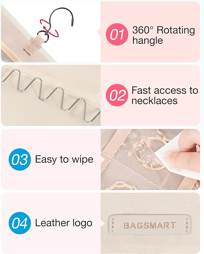 BAGSMART Hanging Jewelry Organizer Necklace/Earring/Ring 2-Sided L Beige - Image 4
