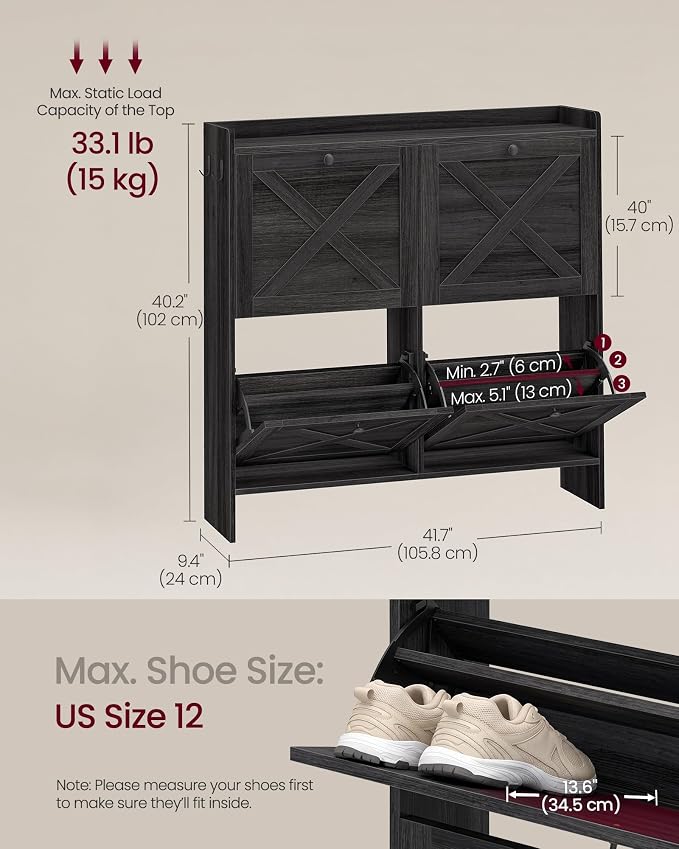 VASAGLE Narrow Shoe Storage Cabinet Organizer with 4 Flip Drawers | Freestanding Shoe Rack, Fits 16 to 24 Pairs, for Entryway, Farmhouse Style, Smoky Black, HANIS Collection UHSC403BJ01S - Image 2