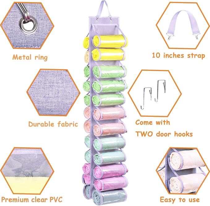 Legging Storage Bag Storage Hanger Can Holds 24 Leggings or Shirts Jeans Compartment Storage Hanger, Foldable Leggings Organizer Clothes Portable Closets Roll Holder (Light Purple) - Image 3