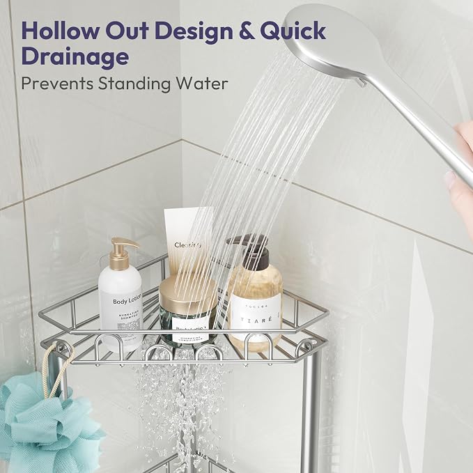 SWTYMIKI Standing Shower Caddy Corner - 4‑Tier Stainless Steel Shower Organizer Shelf with 12 Hooks and Adhesive Pads, Rustproof Corner Shelves Stand Rack for Bathroom Shower Room, Silver - Image 3