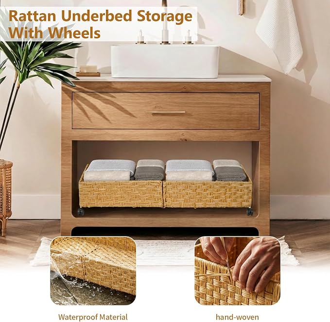 Under Bed Storage Containers with Wheels, 31.5” Large Handwoven Rattan Rolling UnderBed Storage Bins, Tool-free Assembly Natural Under The Bed Organizer Drawers for Bedroom, Sheets Clothes Blankets - Image 6
