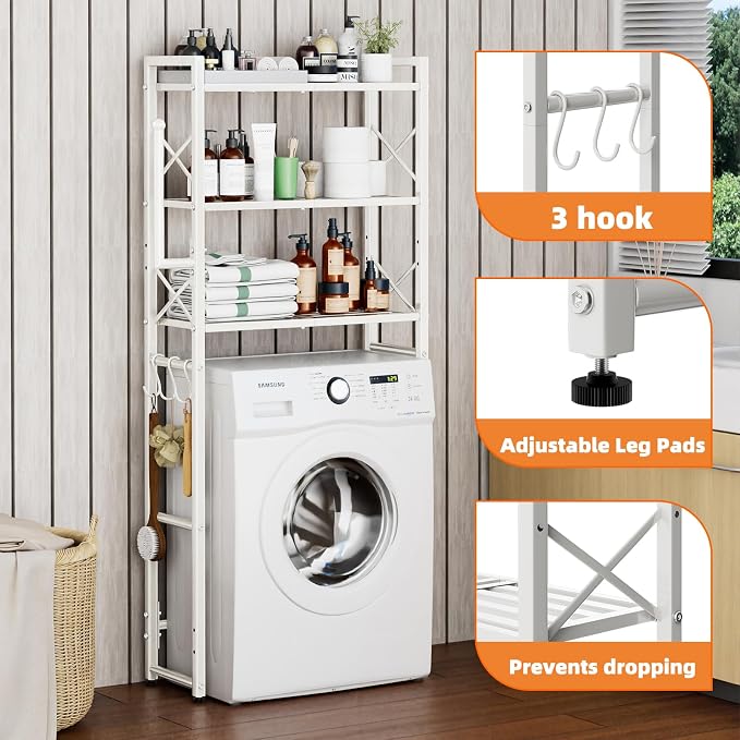 Simple Trending Over The Toilet Storage Rack with Toilet Paper Holder, Heavy Duty Metal 3 Tier Bathroom Organizer Shelf with 3 Hooks, White - Image 6