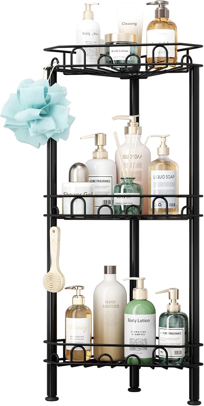 SWTYMIKI Standing Shower Caddy Corner - 3‑Tier Stainless Steel Shower Organizer Shelf with 12 Hooks and Adhesive Pads, Rustproof Corner Shelves Stand Rack for Bathroom Shower Room, Black - Image 8