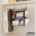 HapiRm Hanging Closet Organizer Storage - 3 Tier Metal Stackable Hanging Closet Shelves with Dividers and S Hooks, Foldable Clothes Shelves for Clothes, Pants, Shoes, Coat, Hats Clutches Accessories - Image 2