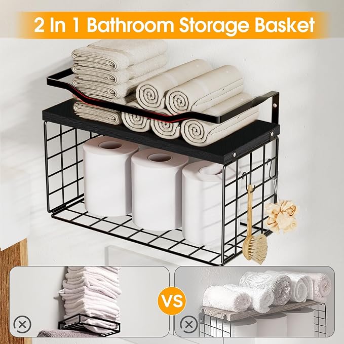 Towel Racks for Bathroom,Towel Rack Wall Mounted, 6 Tier Rolled Or Folded Towel Holder with Floating Shelves, Bathroom Towel Holder for Bath, Hand Towels,Metal and Wood,Full Black - Image 3