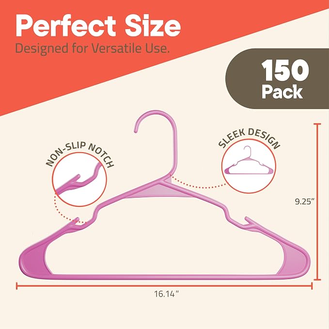 Pink Plastic Hangers 150 Pack– Heavy-Duty Plastic Hangers Slim and Space-Saving, Durable and Lightweight PP with Non-Slip Shoulder Notches for Slip Dresses, Suits, Jackets & Camisoles - Image 2