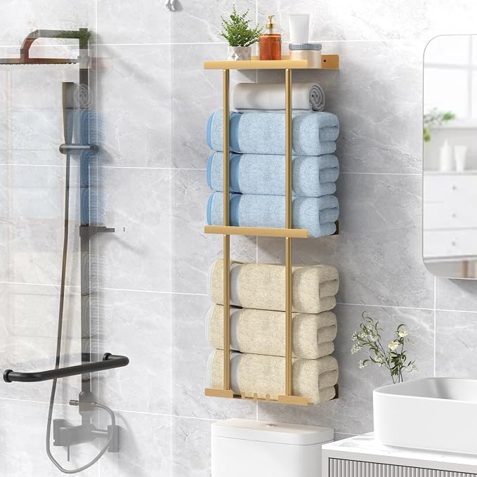 Liuoud Towel Rack for Bathroom, Wall Mounted Vertical Rolled Towel Storage Organizer Holder with Shelf, Holds Up 6 Large Bath Sheets, Gold Large Size - Image 7