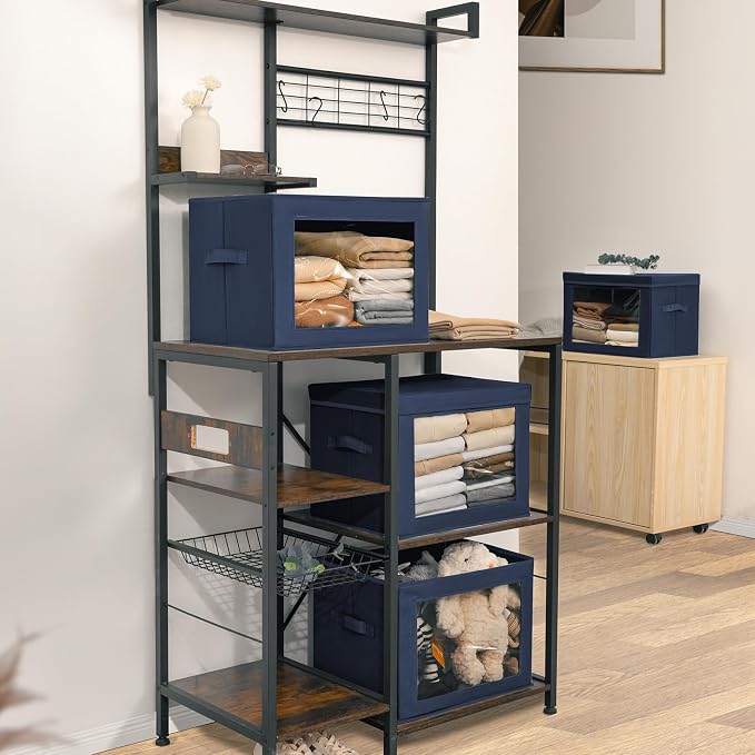 Homsorout Stackable Storage Bins with Lids - Large Decorative Basket with Lids, Fabric Foldable Closet Organizer Bins, Shelf Organizer for Living Room, Dorm, 5 Pack, Navy Blue - Image 6