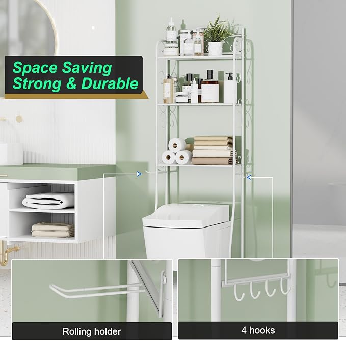 HOME BI Over The Toilet Storage Shelf, 3-Tier Over Toilet Bathroom Organizer Rack, Freestanding Space Saver Toilet Stands with Hooks (White) - Image 9