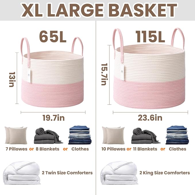 JMvicyroam 115L Extra Large Machine Washable Cotton Rope Blanket Basket - Image 3