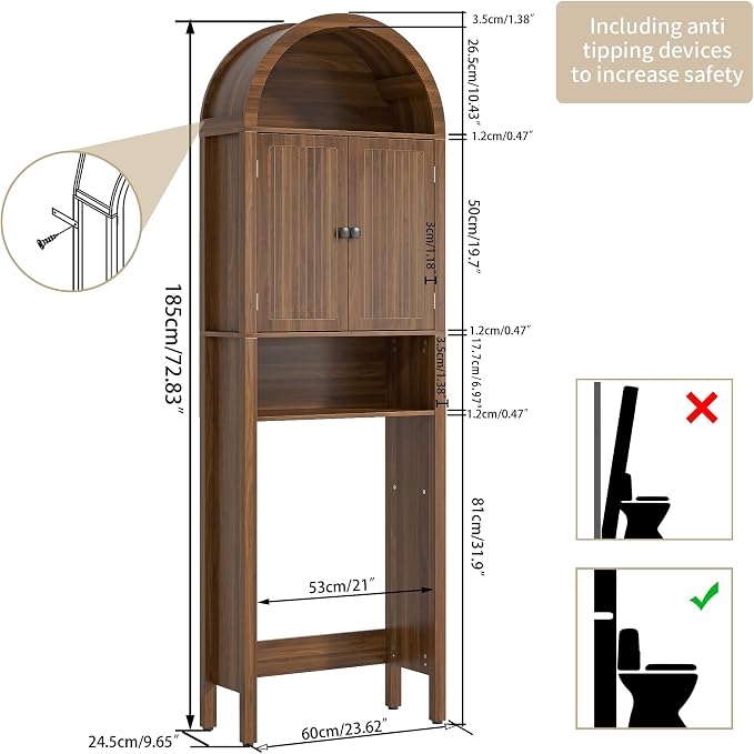 Arched Over The Toilet Storage Cabinet with Fluted Doors, 4 Tier Small Bathroom Shelf Organizer, Mid Century Modern Bathroom Cabinet with Adjustable Shelf, Slim Narrow Arch Toilet Rack, Walnut - Image 2