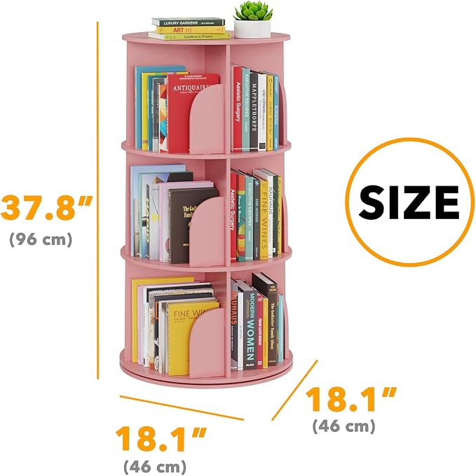 SpaceAid 3 Tier Rotating Bookshelf Tower, Spinning Bookcase Lazy Susan, Revolving 360 Book Shelf Storage Round Carousel, Vertical Rotate Turning Spiral Corner Organizer, Pink - Image 2