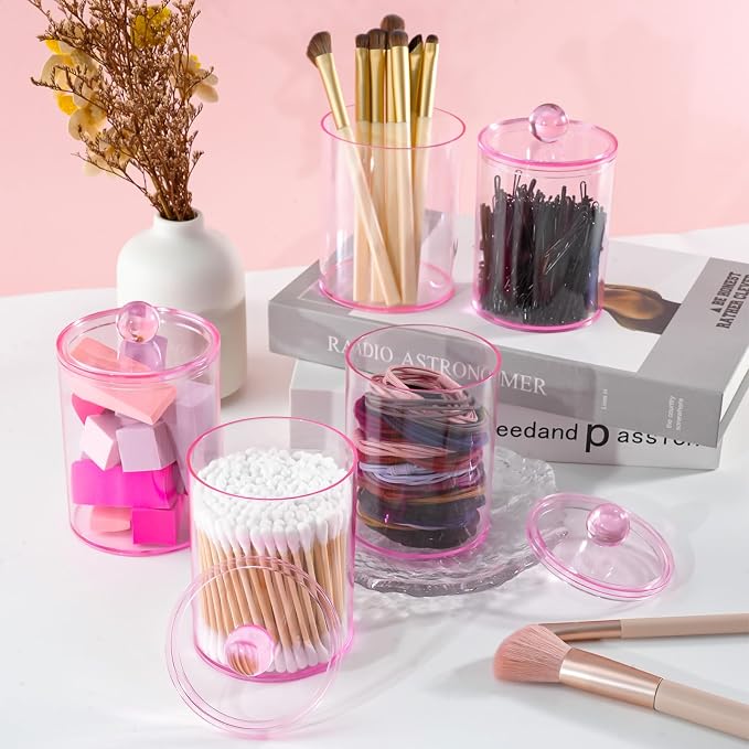 2 Pcs Acrylic Qtip Holder, Cotton Ball Holder Jars with Lids, Pink - Image 7