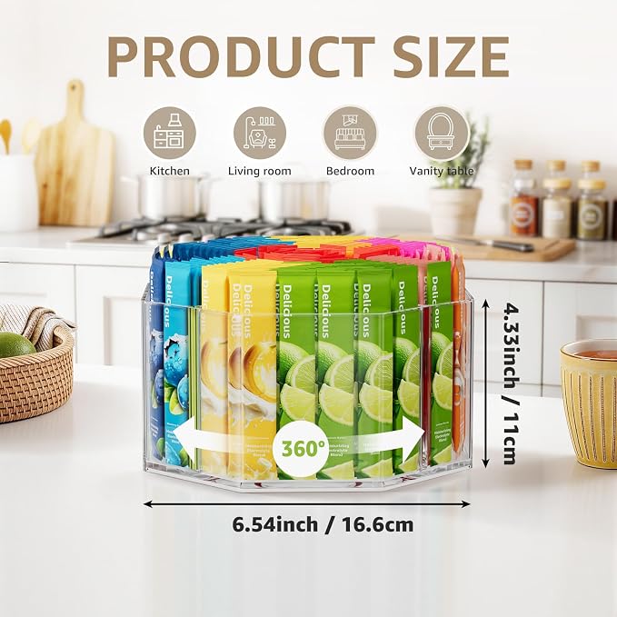 Divided Drink Packet Organizer, Octagonal 5 Compartment Clear Lazy Susan - Image 2