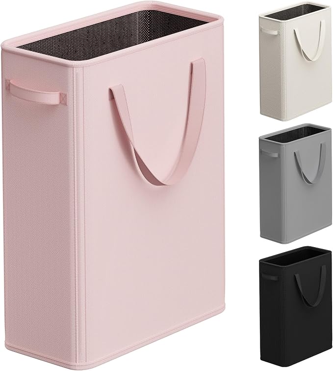 Optish 50L Pink Slim Laundry Hamper, Narrow Laundry Basket with Handles, Baby Girl Hamper for Nursery, Dorm, Bedroom, Living Room, Collapsible Laundry Basket by Optish