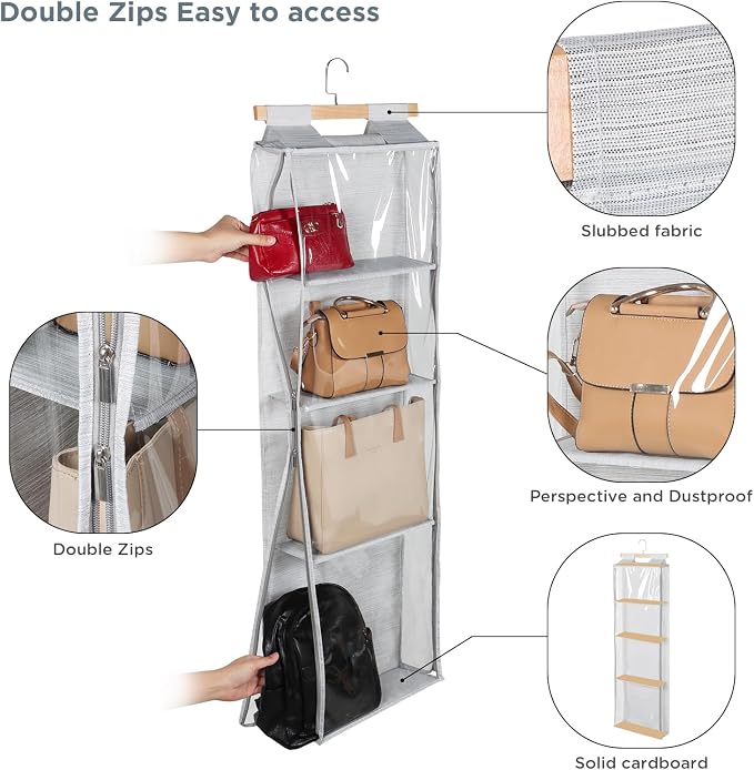 Syeeiex Hanging Handbag Purse Organizer with Zippers, 4 Mesh Shelves, Grey - Image 6