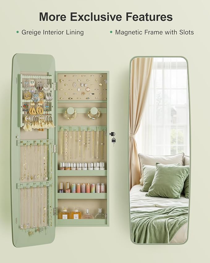 Nicetree Rounded Mirror Jewelry Cabinet, Lockable, Wall Mounted, Green - Image 3