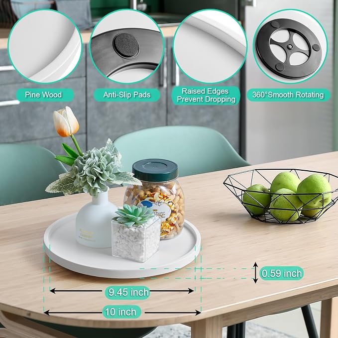 10" Wood Lazy Susan Turntable Organizer, Lazy Susan for Table Top Cabinet Dining Pantry Countertop Cupboard Organization, Decorative Tray for Kitchen Bathroom Decor Coffee Bar Accessories, White - Image 3