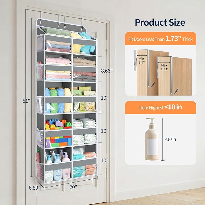 Yecaye Over The Door Organizer, 5 Tier Extra Large Behind Door Storage of 10 Compartments, 80lbs Heavy Duty Door Organizer Hanging with Clear Window for Closet Bedroom Pantry Bathroom, Grey - Image 2