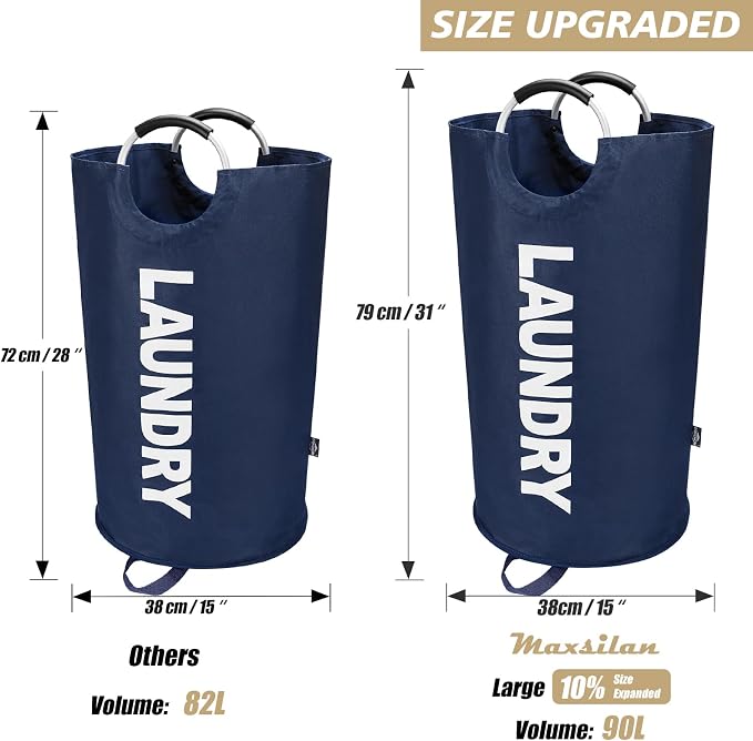 Maxsilan 90L Large Laundry Basket Bag, Collapsible Tall Hamper, Dark Blue - Image 3