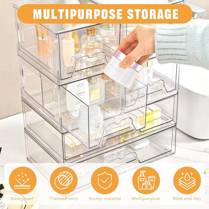 4 Pack Stackable Storage Drawers, Clear Acrylic Organizer, Makeup Organizer - Image 3