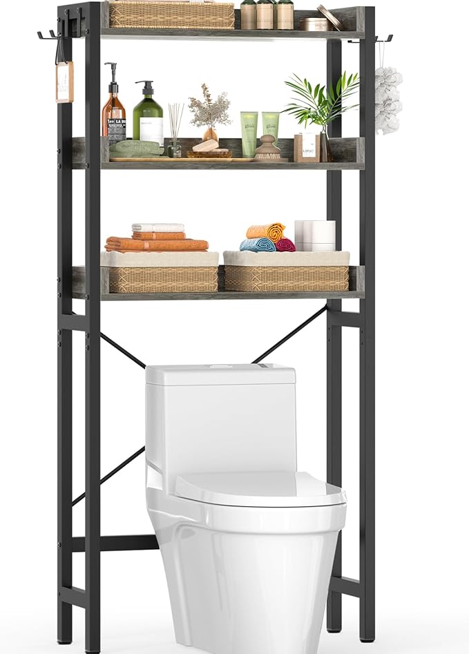 Ecoprsio Over-The-Toilet Storage Rack, 3-Tier Bathroom Organizer Shelf Over Toilet, Freestanding Space Saver Toilet Stands with 4 Hooks, Grey by Ecoprsio