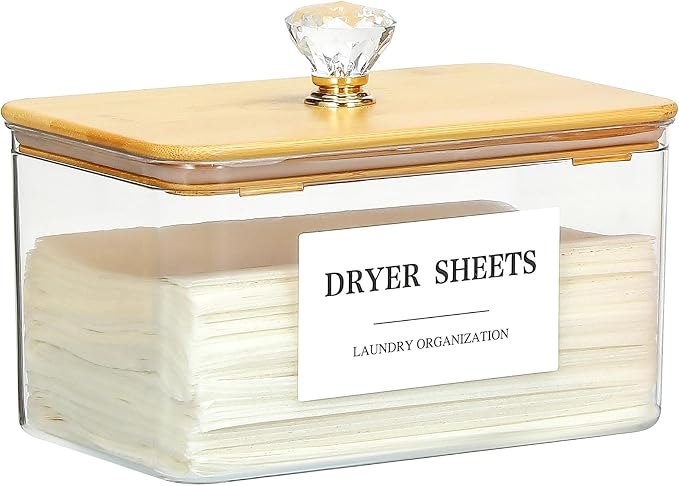Dryer Sheet Holder with Lid, Clear Dryer Sheet Container, Dryer Sheet Dispenser with 4 Labels, Laundry Sheet Holder for Laundry Room and Organization by Dounozzi