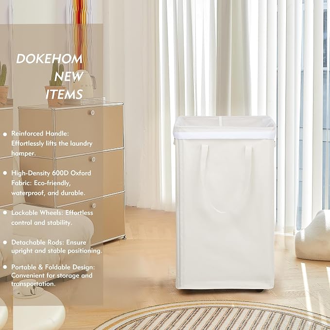 DOKEHOM 90L X-Large Rolling Laundry Basket Hamper on Wheels, Beige - Image 2