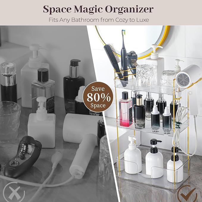 Aveniee Bathroom Counter Organizer Countertop, 3 Tier Makeup Perfume Storage with Hair Dryer Rack and Toothbrush Holder, Cosmetic Tray for Vanity - Clear - Image 5