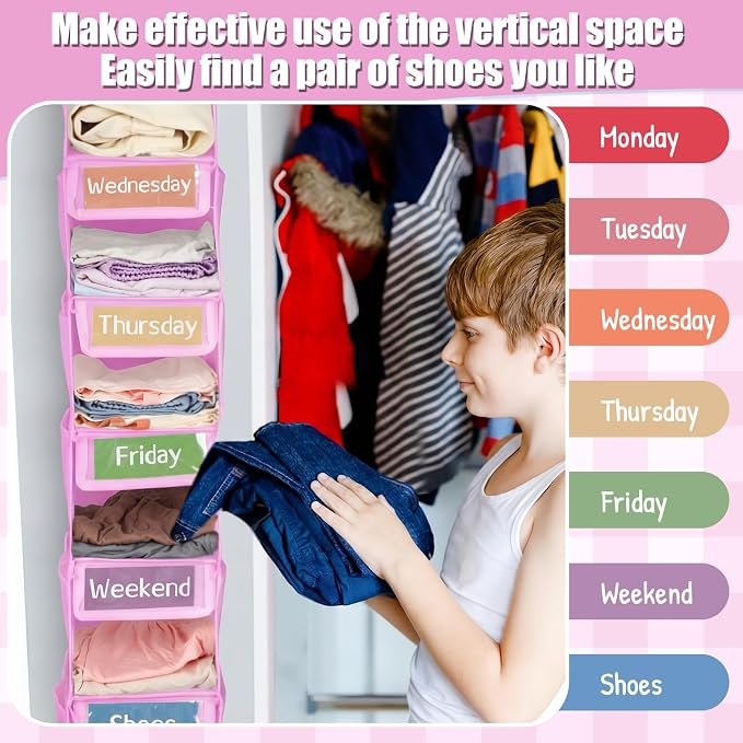 2 Pack 7 Shelf Weekly Clothes Organizer Hanging Closet for Kids with Side Pockets Weekday Shoes Rack Weekly Clothes Organizers Monday Through Weekend Foldable Storage Shelves(Pink) - Image 6