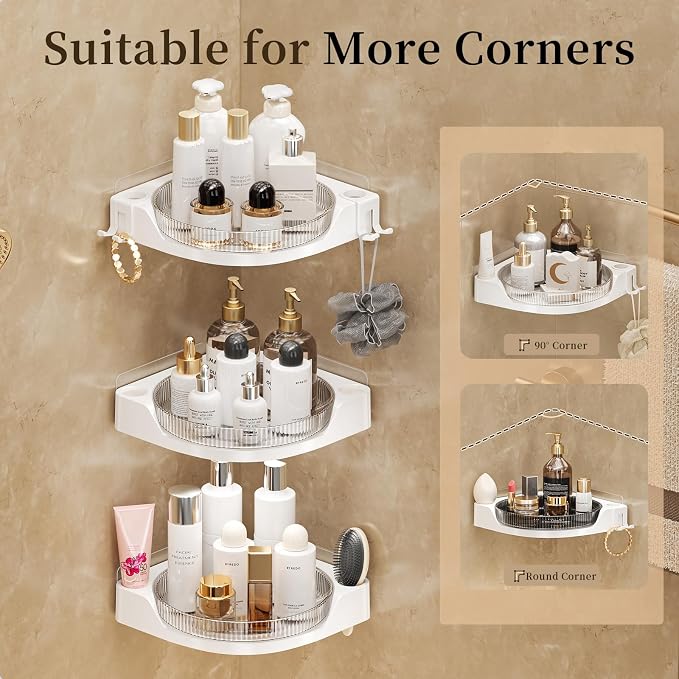 akinbas Corner Shower 3 Tier Caddy Lazy Susan Organizer 360 Rotating Corner Shelf Wall Mounted with No Drilling Shelves for Bathroom Dorm and Kitchen (White) - Image 4