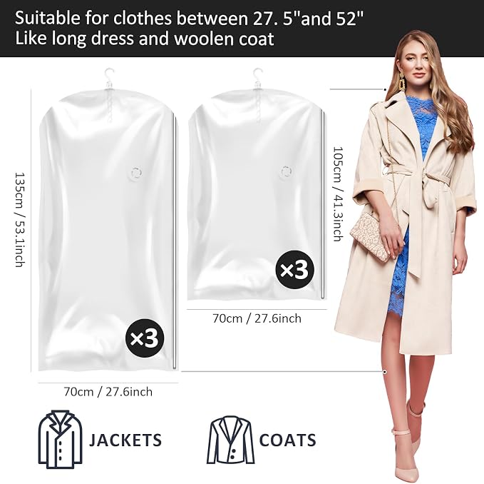 Hanging Vacuum Storage Bags, Space Saver Vacuum Seal Bag for Cloth, 6 Combo | Vacuum Seal Bags for Clothing, Hanging Garment Storage for Jackets, Suits, Dresses, Winter Clothes Storage Closet Organizer - Image 3