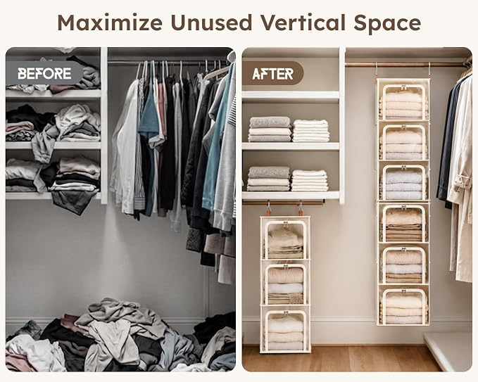 Homsorout 6-Tier Modular Hanging Closet Organizer Shelves, Beige | 3+3 Modular Design, Clear Window, Front Opening, Fabric Vertical Storage, Closet Storage for Home, Apartment, Nursery, RV - Image 5