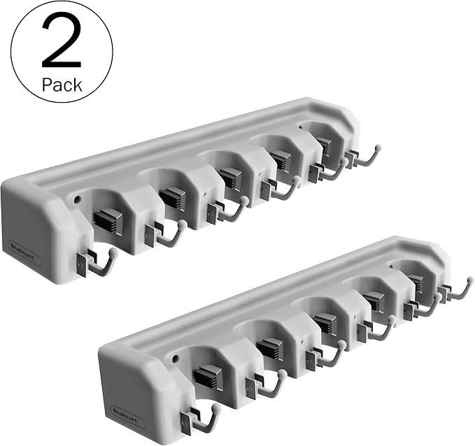 Garden Tool Organizer Wall Mount Broom and Mop Holder, 5 Adjustable Slots and 6 Hooks Utility Rack for Garage or Home Organization, 2-Pack by Stalwart - Image 2