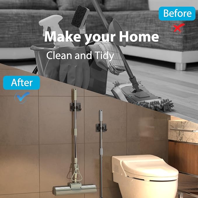 homeasy Broom Holder Wall Mount 6Pcs, Self Adhesive Mop Broom Hanger Black - Image 7