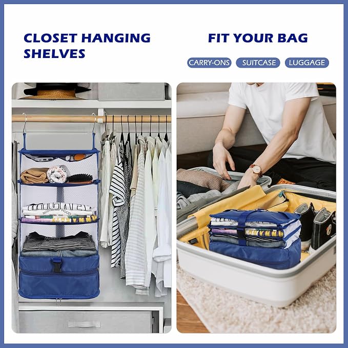Surblue Hanging 3-Shelf Closet Organizer Pocket Collapsible Washable Oxford Fabric with 2 Hooks (L 11.41 * 11.41 * 19.68in, Blue) - Image 2