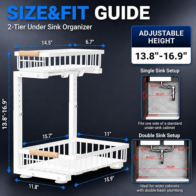 Under Sink Organizer 2 Pack, Double Slide Out Metal Shelf, White - Image 2
