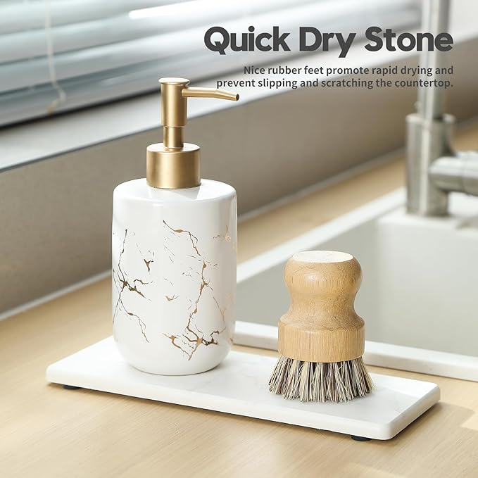 2PCS Water Absorbing Stone Drying Tray for Kitchen Counter & Bathroom Sink, Diatomite Faucet Splash Guard, Soap Dispenser Rack & Sponge Holder Caddy Organizer, Marble White (Printed Pattern), 9"x 3.5" - Image 7