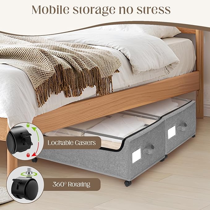 Under Bed Storage with Wheels, 2 Pack Under Bed Storage Containers, 10.6 inches Tall Underbed storage bins on Wheels, Rolling Under the Bed Metal Drawers for Clothes, Blankets, Shoes (XXXL, 90L) - Image 3