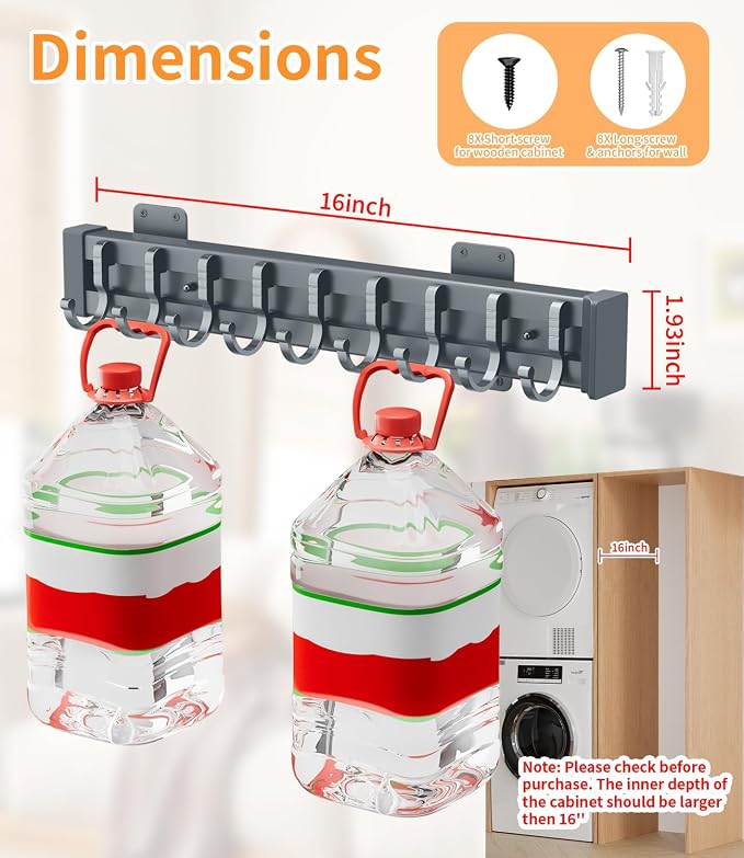 Pull Out Broom Holder With 9 Adjustable Row Sliding Hook-Dark Grey 16.14in - Image 5
