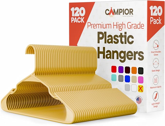 Plastic Clothes Hangers – Heavy Duty Hanger Set, for Organizing Clothes, Dresses, and Coat, Holds Up to 5 lbs, Space-Saving Hangers with Non-Slip Shoulder Grooves, Pack of 120, Yellow by Campior