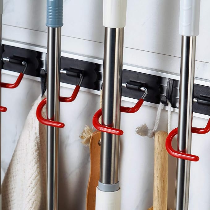 Wall Mounted Mop and Broom Holder Stainless Steel S Type Broom Rack Anti-Slip Mop Organizer (17 Inches,4 Positions 3 Hooks, Red black) (17inch) - Image 6