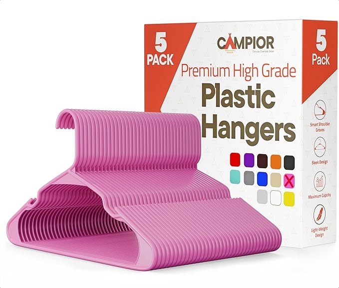 Pink Plastic Hangers 5 Pack– Heavy-Duty Plastic Hangers Slim and Space-Saving, Durable and Lightweight PP with Non-Slip Shoulder Notches for Slip Dresses, Suits, Jackets & Camisoles by Campior