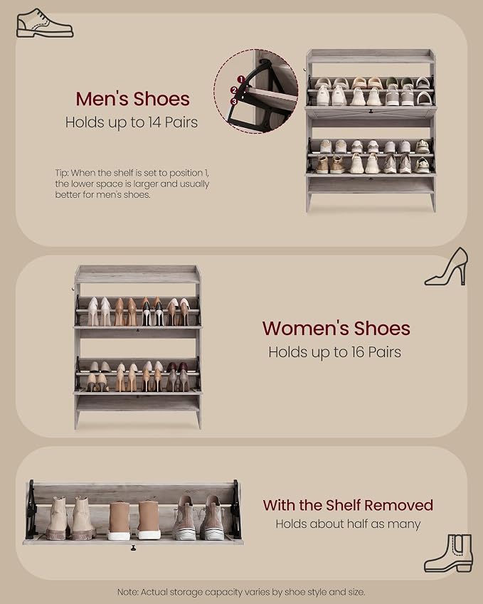VASAGLE Narrow Shoe Storage Cabinet Organizer with 2 Flip Drawers | Freestanding Shoe Rack, Fits 14 to 16 Pairs, for Entryway, Farmhouse Style, Washed Gray, HAINS Collection UHSC203GD01S - Image 5