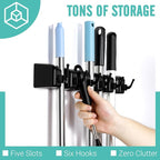 InPoTo Wall Mount Broom Holder 5 Slots 6 Hooks Mop Organizer Rack - Image 4