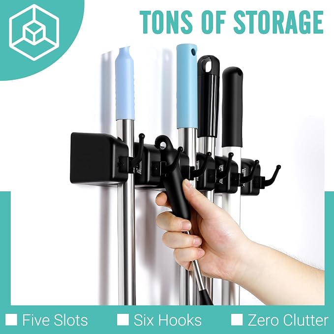 InPoTo Wall Mount Broom Holder 5 Slots 6 Hooks Mop Organizer Rack - Image 4