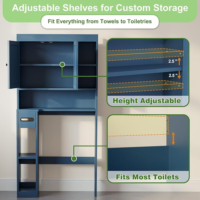 Over The Toilet Storage Cabinet with 7 Shelves, Imitation Walnut Grain Above Toilet Bathroom Organizer with Toilet Paper Holder Stand, Space Saver for Restroom, Laundry, Bathroom (Navy Blue) - Image 8