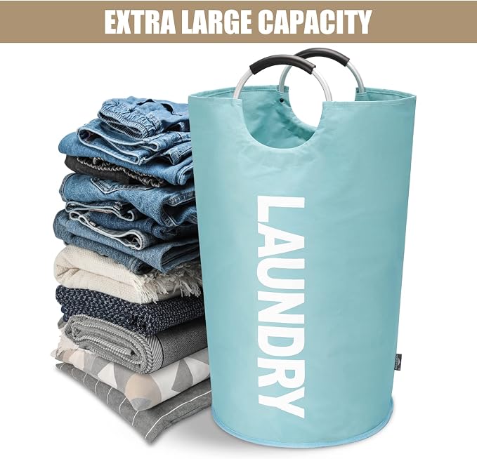 DOKEHOM 90L Large Laundry Basket Bag, Collapsible Tall Hamper, Light Blue - Image 5